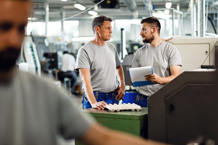 Coworkers discussing after replacing outdated machinery with equipment financing.